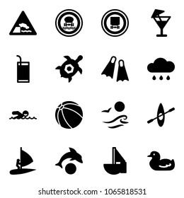 Solid vector icon set - embankment vector road sign, no dangerous cargo, drink, sea turtle, flippers, rain cloud, swimming, ball, waves, kayak, windsurfing, dolphin, sailboat toy, duck