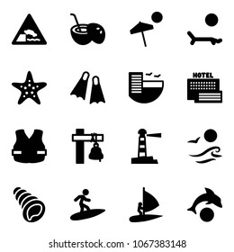 Solid vector icon set - embankment vector road sign, coconut cocktail, beach, lounger, starfish, flippers, hotel, sea, life vest, ship bell, lighthouse, waves, shell, surfing, windsurfing, dolphin