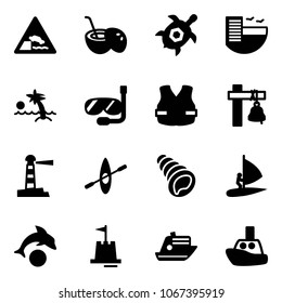 Solid vector icon set - embankment vector road sign, coconut cocktail, sea turtle, hotel, palm, diving, life vest, ship bell, lighthouse, kayak, shell, windsurfing, dolphin, sand castle, cruiser