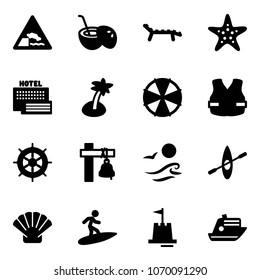Solid vector icon set - embankment vector road sign, coconut cocktail, lounger, starfish, sea hotel, palm, parasol, life vest, hand wheel, ship bell, waves, kayak, shell, surfing, sand castle