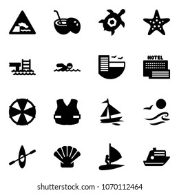 Solid vector icon set - embankment vector road sign, coconut cocktail, sea turtle, starfish, pool, swimming, hotel, parasol, life vest, sail boat, waves, kayak, shell, windsurfing, cruiser