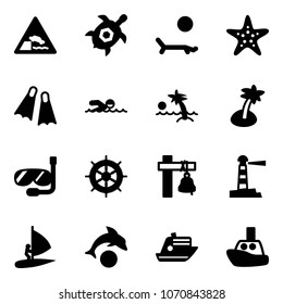 Solid vector icon set - embankment vector road sign, sea turtle, lounger, starfish, flippers, swimming, palm, diving, hand wheel, ship bell, lighthouse, windsurfing, dolphin, cruiser, toy boat