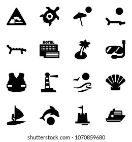 Solid vector icon set - embankment vector road sign, sea turtle, beach, lounger, hotel, palm, diving, life vest, lighthouse, waves, shell, windsurfing, dolphin, sand castle, cruiser