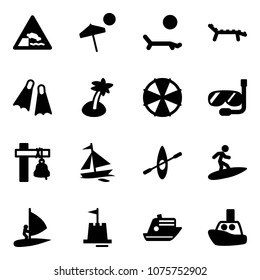 Solid vector icon set - embankment vector road sign, beach, lounger, flippers, palm, parasol, diving, ship bell, sail boat, kayak, surfing, windsurfing, sand castle, cruiser, toy