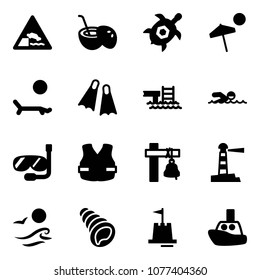 Solid vector icon set - embankment vector road sign, coconut cocktail, sea turtle, beach, lounger, flippers, pool, swimming, diving, life vest, ship bell, lighthouse, waves, shell, sand castle