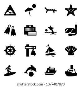 Solid vector icon set - embankment vector road sign, beach, lounger, starfish, flippers, sea hotel, palm, diving, hand wheel, ship bell, sail boat, shell, surfing, dolphin, cruiser, toy