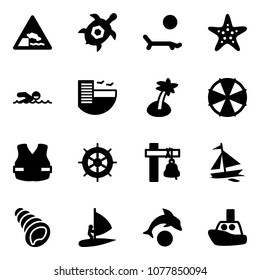 Solid vector icon set - embankment vector road sign, sea turtle, lounger, starfish, swimming, hotel, palm, parasol, life vest, hand wheel, ship bell, sail boat, shell, windsurfing, dolphin, toy