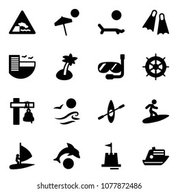 Solid vector icon set - embankment vector road sign, beach, lounger, flippers, hotel, palm, diving, hand wheel, ship bell, waves, kayak, surfing, windsurfing, dolphin, sand castle, cruiser