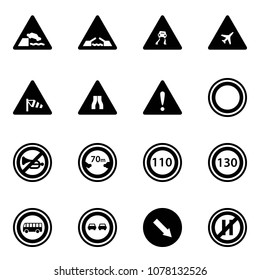 Solid vector icon set - embankment vector road sign, drawbridge, slippery, airport, side wind, narrows, attention, prohibition, no horn, limited distance, speed limit 110, 130, bus, overtake, detour