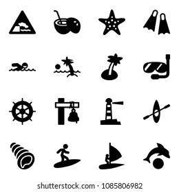 Solid vector icon set - embankment vector road sign, coconut cocktail, starfish, flippers, swimming, palm, diving, hand wheel, ship bell, lighthouse, kayak, shell, surfing, windsurfing, dolphin