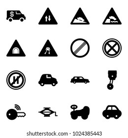 Solid vector icon set - encashment car vector, oncoming traffic road sign, steep descent, embankment, tunnel, slippery, no limit, stop, parking even, limousine, piston, wireless key, jack, baby