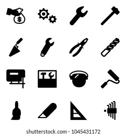 Solid vector icon set - encashment vector, gear, wrench, sledgehammer, trowel, pliers, drill, jig saw, tool box, protect glass, paint roller, brush, work knife, corner ruler, allen key set