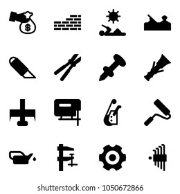 Solid vector icon set - encashment vector, brick wall, reading, jointer, work knife, bolt cutter, nail dowel, milling, jig saw, winch, paint roller, oiler, clamp, gear, allen key set