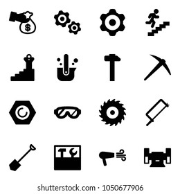 Solid vector icon set - encashment vector, gears, gear, career, success, casting of steel, hammer, axe, nut, protective glasses, saw disk, metal hacksaw, shovel, tool box, dryer, sharpening