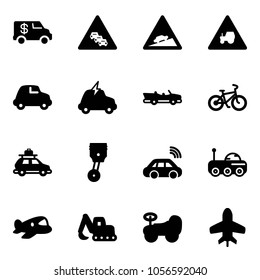 Solid vector icon set - encashment car vector, multi lane traffic road sign, climb, tractor way, electric, cabrio, bike, baggage, piston, wireless, moon rover, plane toy, excavator, baby