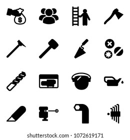 Solid vector icon set - encashment vector, group, opportunity, axe, mason hammer, rubber, trowel, rivet, drill, generator, protect glass, oiler, work knife, laser lever, allen key, set