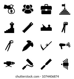 Solid vector icon set - encashment vector, group, portfolio, pyramid flag, success, ruler, jointer, plumber, screw, scythe, dryer, pipe welding, paint roller, rasp, allen key set