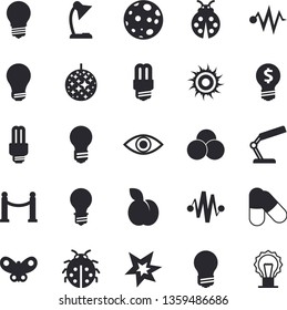 Solid vector icon set - energy saving lamp flat vector, plum, ladybird, butterflies, idea, eye, reading, moon, bulb, fector, spark, electric discharge, pills, VIP area, sun, disco ball