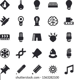 Solid vector icon set - energy saving lamp flat vector, brick, rolling pin, ventilation, conveyor, drop, idea, DNA, drawing, pencil, bulb, fector, brainstorm, brain, athletic shorts, sun, key, note