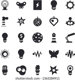 Solid vector icon set - energy saving lamp flat vector, switch box, scrambled eggs, sun, butterflies, laser, lighthouse, idea, reading, moon, bulb, spark, electric discharge fector, disco ball