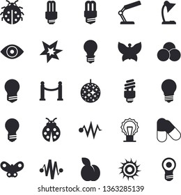 Solid vector icon set - energy saving lamp flat vector, plum, ladybird, butterflies, eye, reading, bulb, fector, spark, electric discharge, pills, VIP area, sun, disco ball