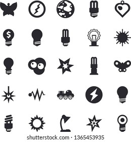 Solid vector icon set - energy saving lamp flat vector, scrambled eggs, sun, butterflies, laser, idea, reading, moon, fector, spark, lightning, lunar rover, electric discharge, heart pendant