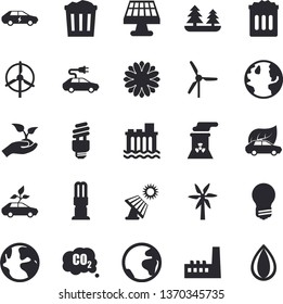 Solid vector icon set - energy saving lamp flat vector, windmill, flower, seedlings, solar battery, earth, forest, hydroelectric power station, manufactory, eco cars, electric, carbon dioxide, drop