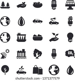 Solid vector icon set - energy saving lamp flat vector, salad, tree, seedlings, solar battery, earth, forest, hydroelectric power station, eco cars, electric, carbon dioxide, bags, fector, drop