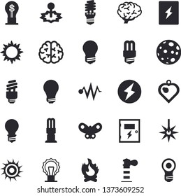 Solid vector icon set - energy saving lamp flat vector, switch box, sun, butterflies, bonfire, laser, lighthouse, idea, moon, bulb, fector, lightning, brain, electric discharge, heart pendant