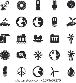 Solid vector icon set - energy saving lamp flat vector, windmill, tree, flower, seedlings, solar battery, earth, forest, hydroelectric power station, eco cars, carbon dioxide,  nuclear plant