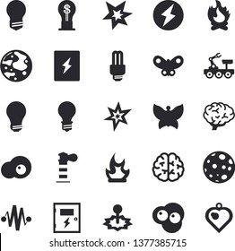 Solid vector icon set - energy saving lamp flat vector, switch box, scrambled eggs, butterflies, bonfire, laser, lighthouse, idea, moon, bulb, fector, spark, lightning, lunar rover, brain