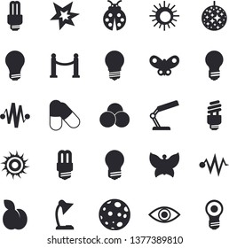 Solid vector icon set - energy saving lamp flat vector, plum, ladybird, butterflies, eye, reading, moon, bulb, fector, spark, electric discharge, pills, VIP area, sun, disco ball