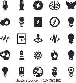 Solid vector icon set - energy saving lamp flat vector, switch box, scrambled eggs, butterflies, bonfire, laser, lighthouse, moon, bulb, fector, lightning, brain, electric discharge, sun