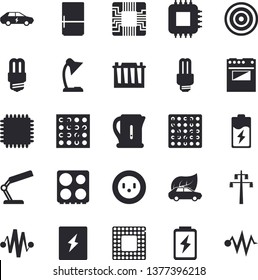 Solid vector icon set - energy saving lamp flat vector, switch box, electric kettle, stove, induction cooker, fridge, battery, accumulator, socket, power line support, eco cars, motherboard, reading