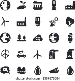 Solid vector icon set - energy saving lamp flat vector, tree, seedlings, solar battery, windmill, earth, forest, hydroelectric power station, manufactory, electric cars, carbon dioxide, fector, drop