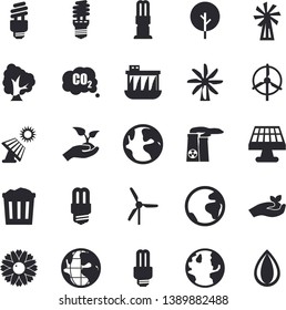 Solid vector icon set - energy saving lamp flat vector, windmill, tree, flower, seedlings, solar battery, earth, hydroelectric power station, carbon dioxide, fector, nuclear plant, trash can, drop