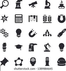 Solid vector icon set - energy saving lamp flat vector, rocket, molecule, microscope, gas burner, nuclear power plant, spark, bachelor cap, magnet, magnifier, cogwheel, beakers, pushpin, calculator
