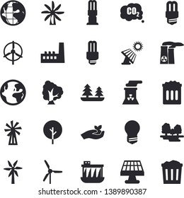 Solid vector icon set - energy saving lamp flat vector, windmill, tree, seedlings, solar battery, forest, hydroelectric power station, manufactory, carbon dioxide, earth, fector, nuclear plant