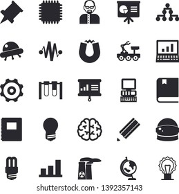 Solid vector icon set - energy saving lamp flat vector, pencil, computer, nuclear power plant, globe, cpu, textbook, magnet, notebook, scientist, cogwheel, beakers, presentaition board, pushpin, ufo