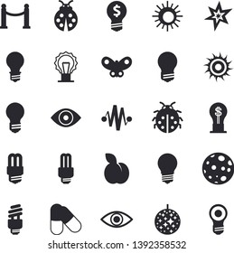 Solid vector icon set - energy saving lamp flat vector, plum, ladybird, butterflies, idea, eye, moon, bulb, fector, spark, electric discharge, pills, VIP area, sun, disco ball