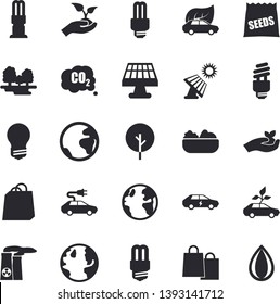 Solid vector icon set - energy saving lamp flat vector, salad, seeds, tree, seedlings, solar battery, earth, forest, eco cars, electric, carbon dioxide, bags, fector, nuclear power plant, drop