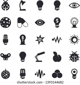 Solid vector icon set - energy saving lamp flat vector, plum, ladybird, butterflies, idea, eye, reading, moon, bulb, fector, spark, electric discharge, pills, sun, disco ball