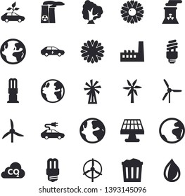 Solid vector icon set - energy saving lamp flat vector, windmill, tree, flower, solar battery, earth, manufactory, eco cars, electric, carbon dioxide, fector, nuclear power plant, trash can, drop