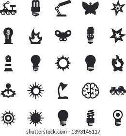 Solid vector icon set - energy saving lamp flat vector, sun, butterflies, bonfire, laser, lighthouse, idea, reading, fector, spark, lunar rover, brain