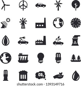 Solid vector icon set - energy saving lamp flat vector, windmill, tree, flower, seedlings, solar battery, earth, forest, hydroelectric power station, manufactory, eco cars, electric, carbon dioxide