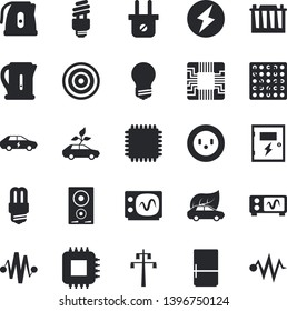 Solid vector icon set - energy saving lamp flat vector, switch box, electric kettle, induction cooker, fridge, accumulator, socket, plug, power line support, eco cars, motherboard, fector, cpu