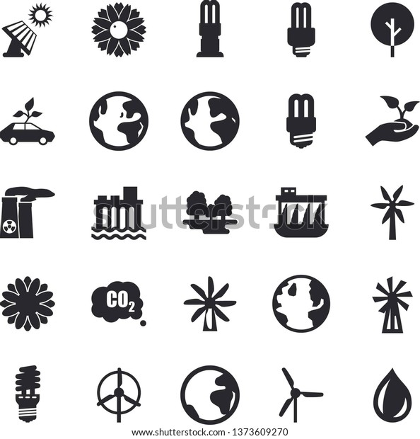 Solid vector icon set - energy saving lamp flat\
vector, windmill, tree, flower, seedlings, solar battery, earth,\
forest, hydroelectric power station, eco cars, carbon dioxide, \
nuclear plant