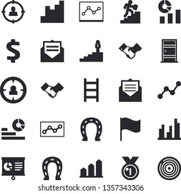 Solid vector icon set - Entrance door flat vector, horseshoe, ladder, target audience, chart, dollar, statistics, scatter, flag, statistic, point diagram, agreement, career, medal, achievement