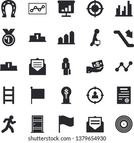 Solid vector icon set - Entrance door flat vector, horseshoe, ladder, target audience, investments, idea, scatter chart, flag, statistic, point diagram, contract, businessman, medal, pedestal, run
