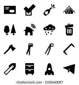 Solid vector icon set - envelope vector, check, fizz opening, tent, forest, wireless home, snow, trash bin, axe, plumber, staple, tile drill, tool cabinet, rocket, paper plane